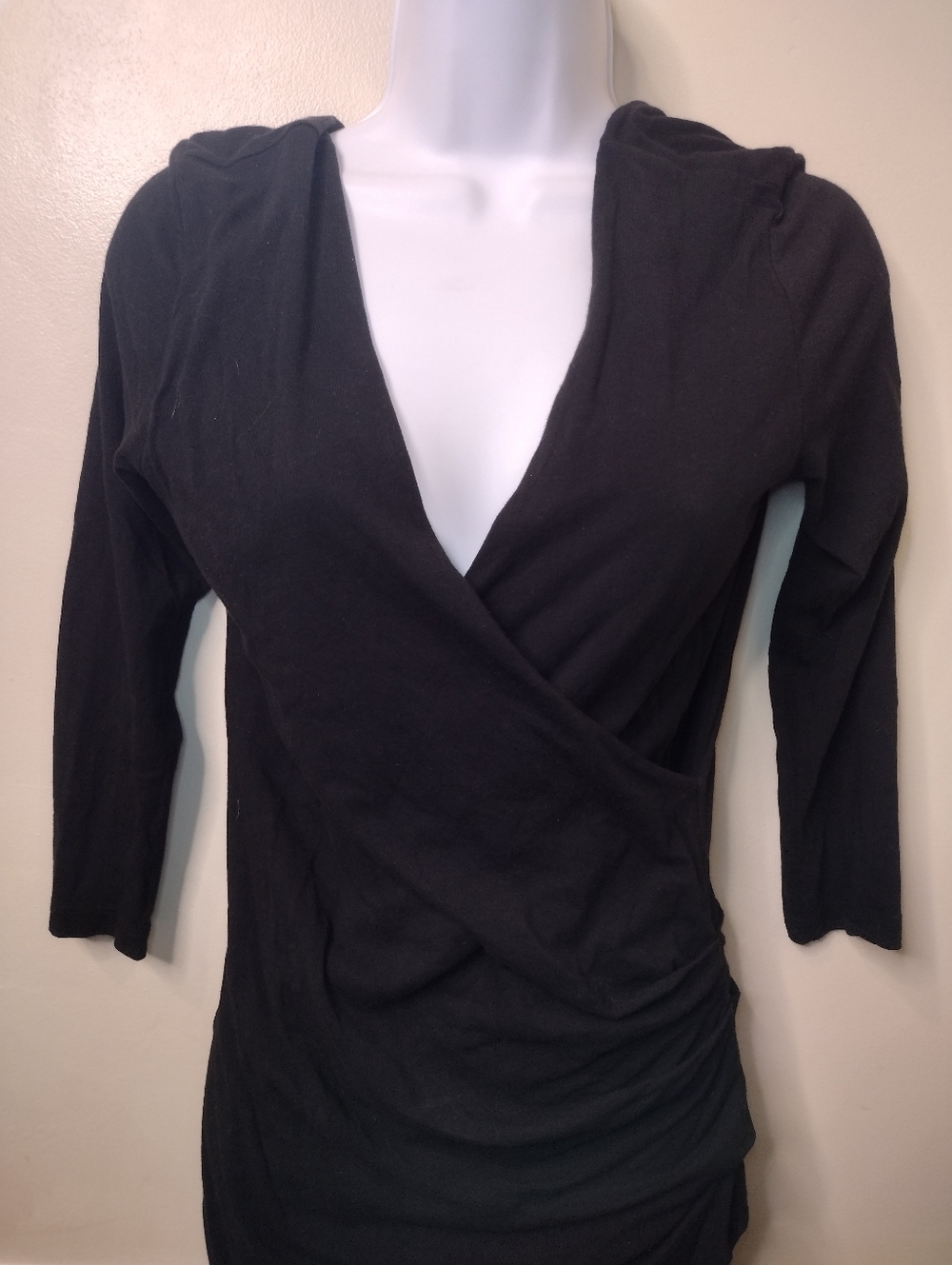 James Perse Sexy Black Faux-Wrap V-Neck, Ruched Waist Knit Dress - Picture 2 of 8